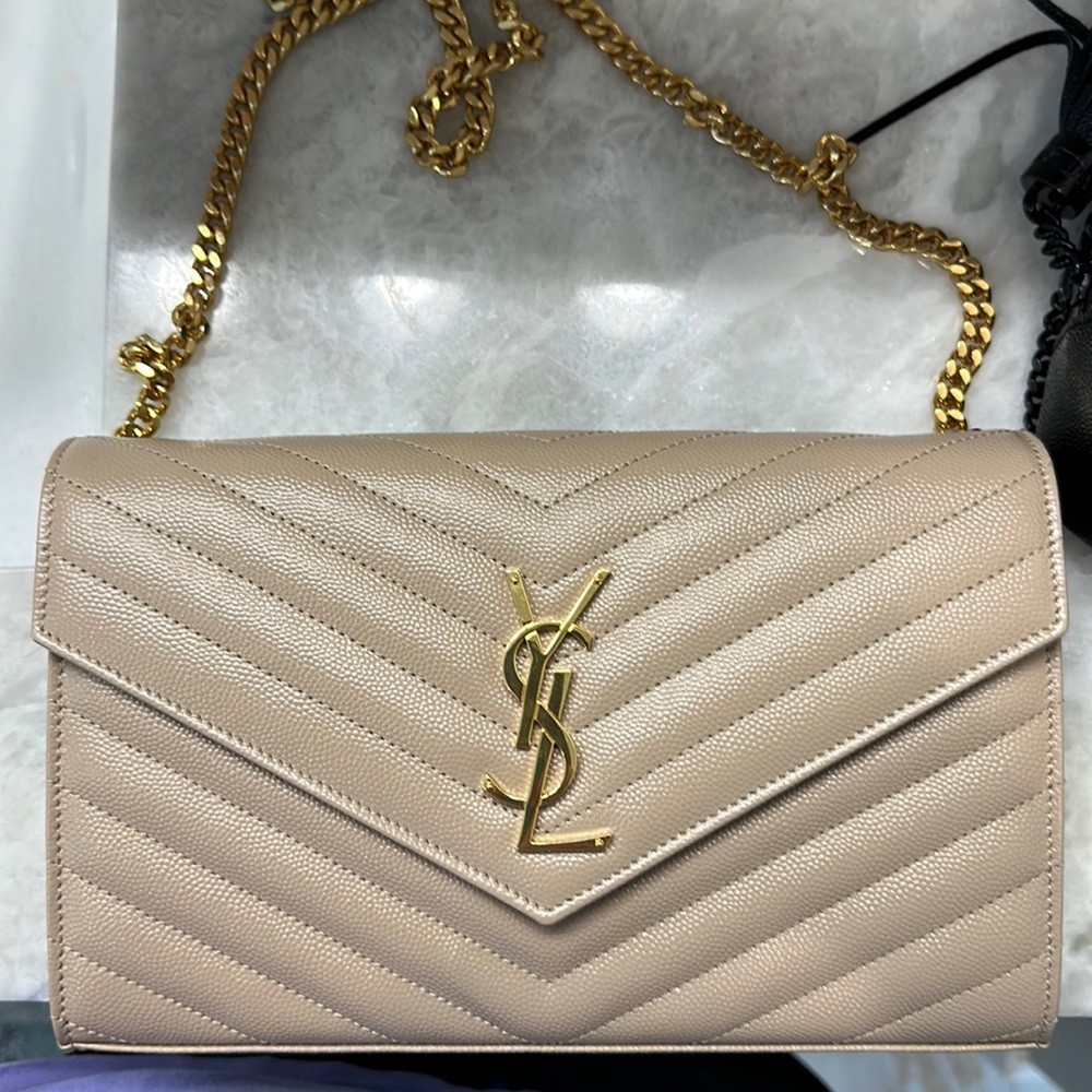 NWOT YSL Monogram Pebbled Calfskin Wallet on a Chain